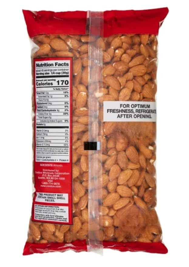 Kirklan Whole Almonds – Steam Pasteurized – 3 lbs (48 oz) Resealable Bag – Unsalted Crunchy Ready to Eat – Great for Snacking Baking and Cooking