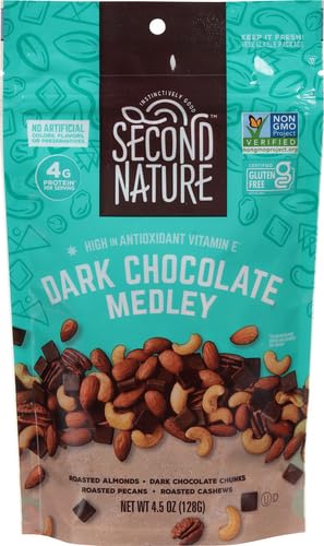 Second Nature Dark Chocolate Medley Trail Mix 4.5 oz. Resealable Pouch (Pack of 12) – Certified Gluten-Free Snack Mix – Dark Chocolate and Nut Trail Mix Ideal for Quick Travel Snacks or Lunch Snacks