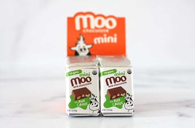 Moo Chocolates Organic Milk Chocolate Mini Bars with Rice Crisps 0.7oz 28 ct (Pack of 2) | USDA Organic Non-GMO | 100 Calorie Snacks for On-the-Go Lunchboxes Office