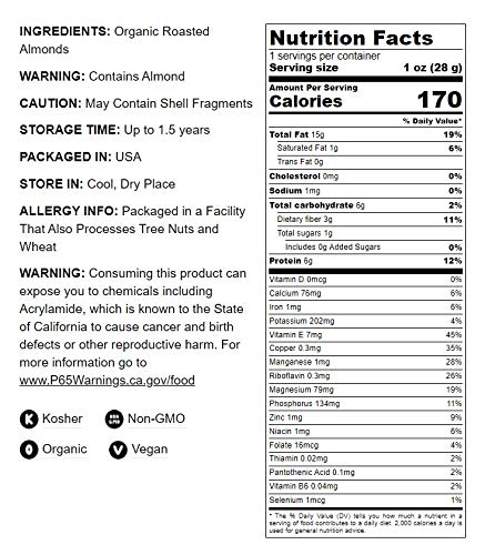 Food to Live Organic Dry Roasted Almonds 5 Pounds – Non-GMO Unsalted Vegan Keto Paleo Kosher Bulk High in Protein Dietary Fiber Vitamin E Copper Manganese Magnesium and Riboflavin.