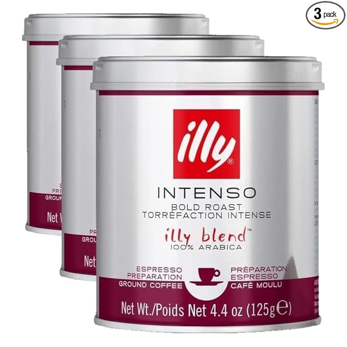 illy Intenso Espresso Ground Coffee Dark Roast Robust and Full Flavored With Notes of Deep Cocoa All-Natural No Preservatives 4.4oz (Pack of 3)