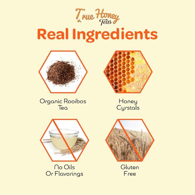 True Honey Blueberry Rooibos Tea Bags - Honey Crystals Blended in Every Sachet - Red Rooibos Tea with Dried Blueberry Juice - All Natural Organic Herbal Caffeine Free Tea Bag 24 Count
