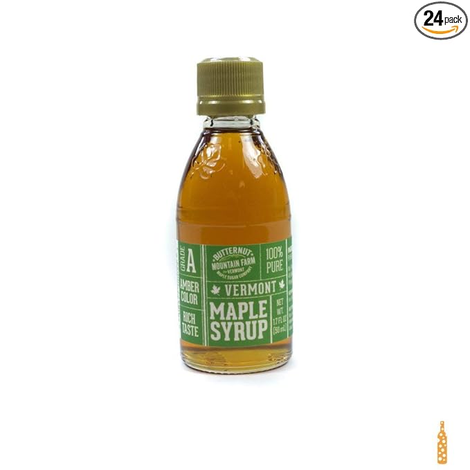 Butternut Mountain Farm 24-Pack Pure Vermont Maple Syrup Nips – 1.7 oz Glass Bottles Grade A Amber Non-GMO Kosher Gluten-Free Vegan Portion-Controlled