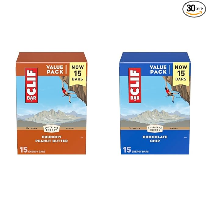 CLIF BAR - Crunchy Peanut Butter + Chocolate Chip - Made with Organic Oats - 11g Protein - Non-GMO - Plant Based - Energy Bars - 2.4 oz. (30 Count)