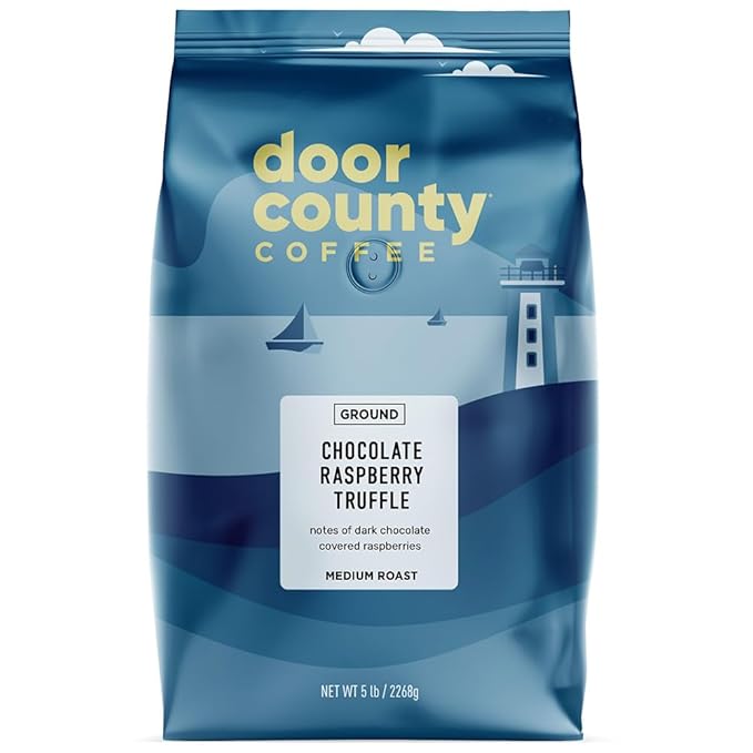 Door County Coffee Chocolate Raspberry Truffle Flavored Coffee Ground - 5lb Bag - Medium Roast - 100% Specialty Arabica - Gourmet - Dark Chocolate Covered Raspberry Flavored