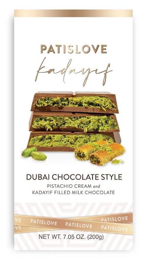 PatisLove Signature Dubai Style Chocolate Bar Pistachio Knafeh - Luxury Rich Milk Chocolate Elegant Packing Premium Pistachio Cream Kataifi Filling - 200g / 7 oz bar Ice Pack Shipping! (3 pack of 2