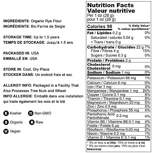 Food to Live Organic White Rye Flour 8 Pounds - Non-GMO Unbleached Light Medium Protein Vegan Kosher Finely Milled Berries Great for Baking Cookies Muffins Bread and Sourdough