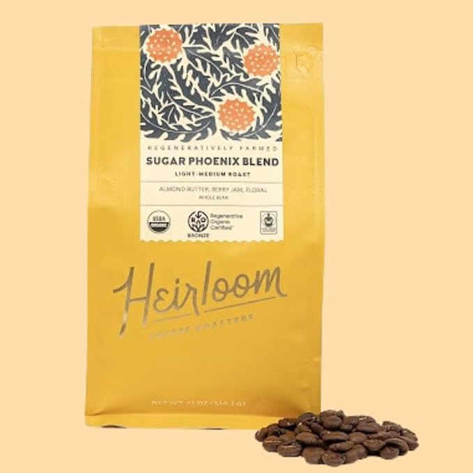 Heirloom Coffee Roasters - Sugar Phoenix Blend - Medium Roast - Whole Bean Coffee - 100% Regenerative Organic Certified 12oz