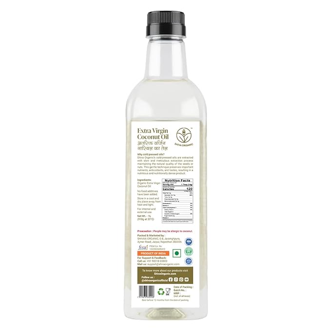 Shiva Organic Extra Virgin Coconut Oil - 100% Natural USDA Certified Organic - 1L (33.8 fl oz)) for Cooking Beauty and Holistic Wellness