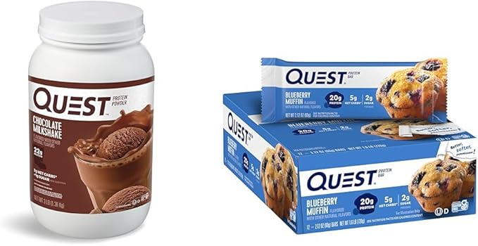 Quest Chocolate Milkshake Protein Powder 22g Protein 43 Servings and Quest Blueberry Muffin Protein Bars 21g Protein 12 Count