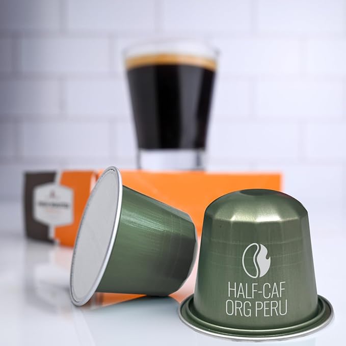 Fresh Roasted Coffee USDA Organic Peru WP Half-Caf Espresso Pods for Nespresso OriginalLine | 3rd Party Tested for Pesticides Mold Mycotoxins | Kosher | 60 Recyclable Aluminum Capsules