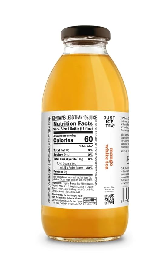 Just Ice Tea Organic Iced Tea 16 Fl Oz Glass Bottles (Pack of 4) (Mango White Tea)