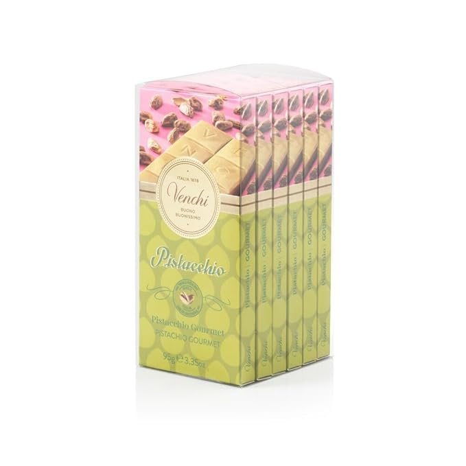 Venchi - Gourmet Pistachio Chocolate Bar Kit 20.1 oz (6 x 3.35 oz) White Chocolate Bars with Whole Pistachios Gluten-Free No Artificial Colors or Preservatives