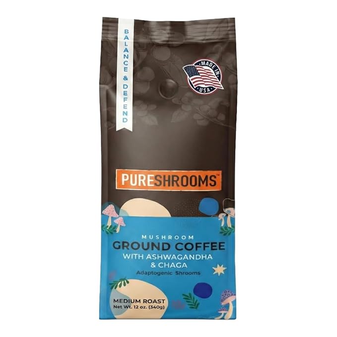 Mushroom Ground Coffee with Organic Ashwagandha Chaga L-theanine - Medium Roast 100% Arabica Beans - Adaptogenic Support for Balance &amp Immunity - (12 oz/340g)
