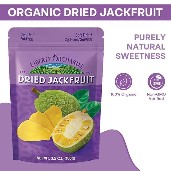 Liberty Orchard Organic Dried Jackfruit - Naturally Sweet Fruit Snacks for Healthy Digestion &amp Busy Lifestyles - Enjoy the Bold Flavor of Jackfruit with Fiber-Rich Snack Packs - 4 Pack
