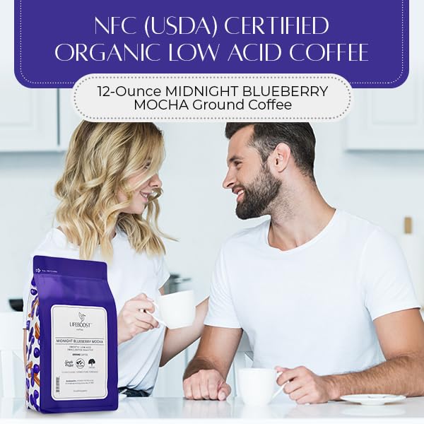 Lifeboost Midnight Blueberry Mocha Ground Coffee - Low Acid Single Origin Coffee - Non-GMO Wild Blueberry Coffee Grounds Third Party Tested For Mycotoxins &amp Pesticides - 12 Ounces