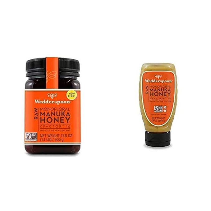 Wedderspoon Raw Premium Manuka Honey KFactor 16+ Unpasteurized Genuine New Zealand Honey Multi-Functional Non-GMO Superfood Convenient Squeeze Bottle