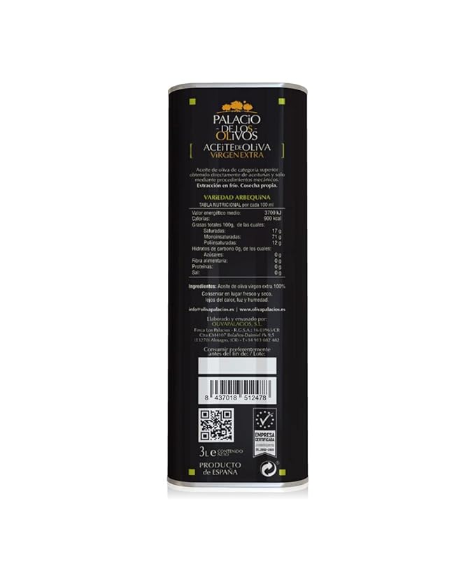 PALACIO DE LOS OLIVOS - Spanish Extra Virgin Olive Oil (Arbequina Variety) - 3 Litre Tin