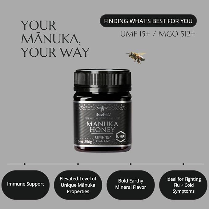 BeeNZ Raw Manuka Honey Certified UMF 15+ (MGO 514+) Pure New Zealand Monofloral Manuka Natural Sweetener Superfood for Immune Support No Sugar Added Traceable from Hive to Jar 8.8 oz/250g