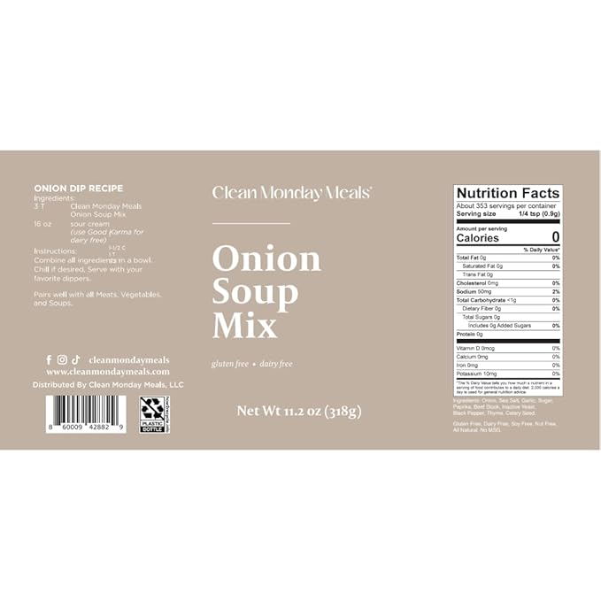 Clean Monday Meals Onion Seasoning Mix | Gluten Free Dairy Free No Artificial Additives | Versatile Dry Onion &amp Garlic Seasoning for Soups Sauces &amp Cooking | 11 oz (≈ 314 g)