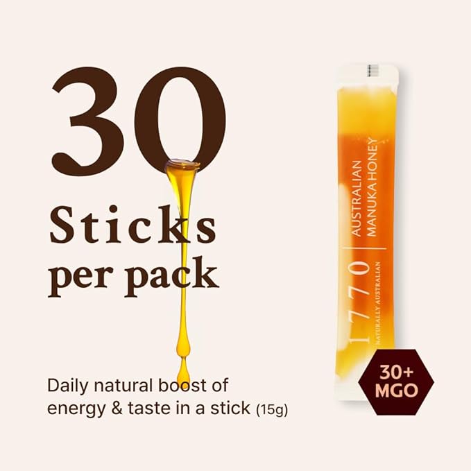 1770 Naturally Australian MGO 30+ Manuka Honey Sticks 30 x 15g Organic Honey for Tea Yogurt &amp Travel Snacks
