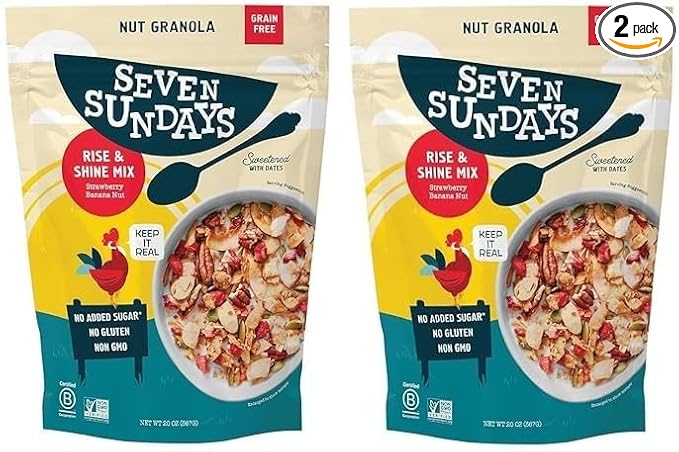 (2 Bags) Seven-Sundays Nut Granola Cereal Rise &amp Shine Strawberry Banana Nut20 Ounce Grain &amp Gluten Free 5g Protein 5g Net Carbs and Keto Friendly