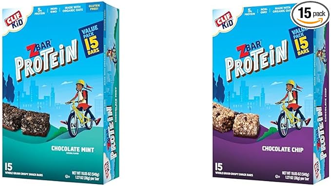 Clif Kid Zbar Protein Chocolate Mint &amp Chocolate Chip Crispy Whole Grain Snack Bars - Made with Organic Oats - Non-GMO - 5g Protein - 1.27 oz. (15 Pack)