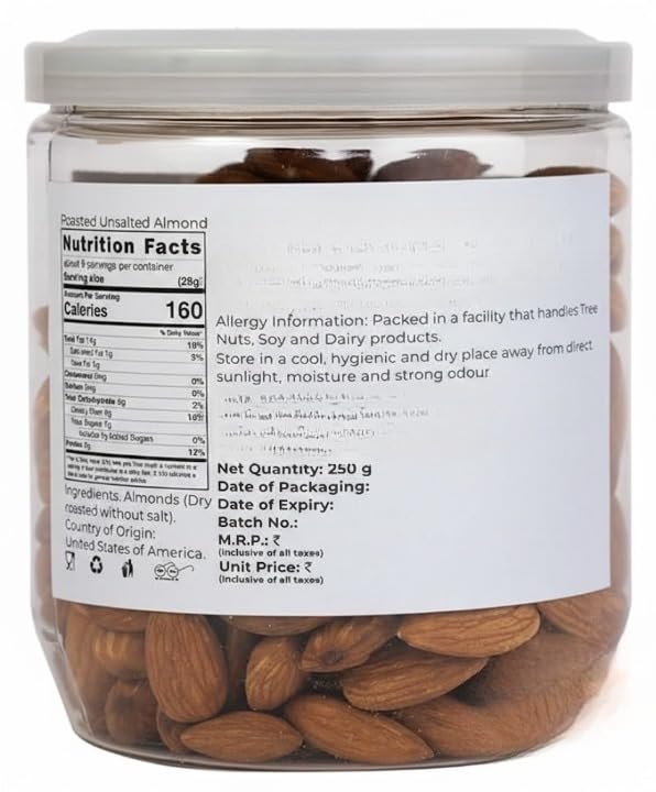 Roasted Unsalted Almonds 250g | No Salt | No Oil Used | Dry Roasted To Perfection | No Preservatives | No Artificial Flavors | Gluten Free | Vegan | Non GMO | Nuts Dry Fruits | Badam