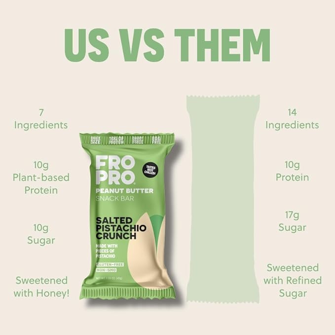 FROPRO Plant Protein Snack Bars - Plant Based Protein All-Natural Gluten Dairy &amp Soy Free High Protein Bars with Low Calories | Salted Pistachio Crunch 24 Pack