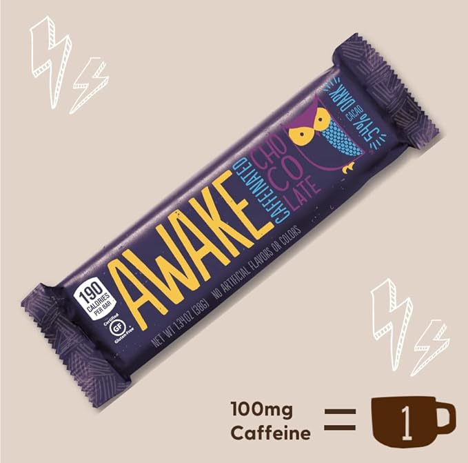 Awake Caffeinated Chocolate Energy Bar Dark Chocolate Energy Bar 1 Bar Equals 1 Cup of Coffee 24 Bars (32.2 oz)