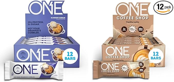 ONE Protein Bars Blueberry Cobbler &amp Coffee Shop Vanilla Latte Gluten Free with 20g Protein 12 Count