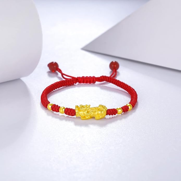 24K Solid Gold Bracelet for Women Real Pure Gold Jewelry Dainty Fortune Pixiu Ball Dragon Turtle Adjustable Red Black Braided Bracelet for Men Girlfriend