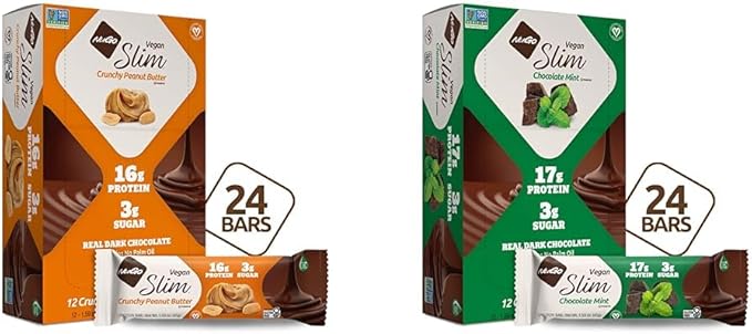 NuGo Slim Dark Chocolate Crunchy Peanut Butter 24 Count Chocolate Mint 24 Count 16-18g Vegan Protein 3g Sugar Bars Bundle