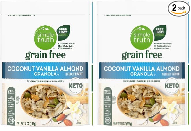 Grain Free Coconut Vanilla Almond Sunflower Pumpkin and Chia Seeds Granola Cereal (2 Bags 9 oz. each)