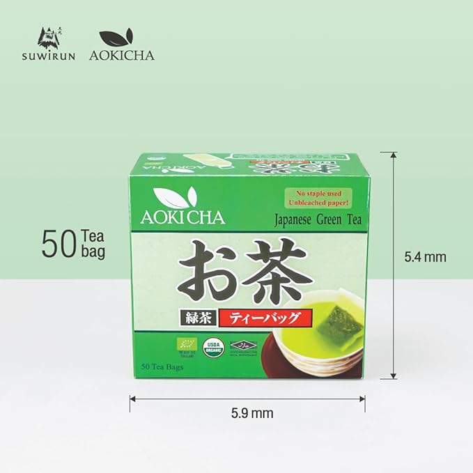 Suwirun Aoki Cha Organic Yabukita Japanese Green Tea 50 Bags – Smooth Umami-Rich &amp Refreshing – Eco-Friendly Unbleached Tea Bags for Hot &amp Cold Brew