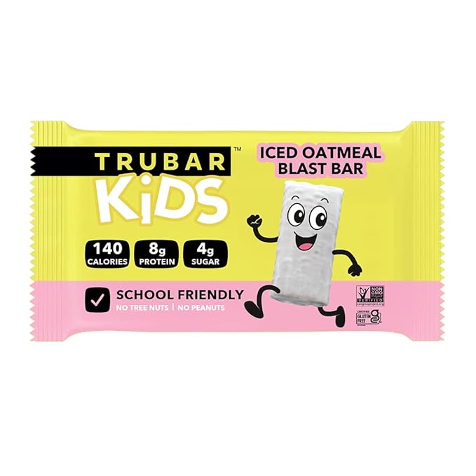 TRUBAR Kids Protein Bars Iced Oatmeal Blast Plant Based Protein Gluten Free School-Friendly Snacks for Lunchboxes Tree Nut and Peanut Free Low Sugar Healthy On the Go Snack Bars 12 Count