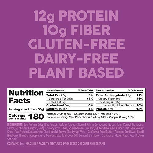 No Nuts! Blueberry &amp Vanilla Protein Bars – Nut-Free &amp School-Safe | 12g Plant Protein Vegan Gluten-Free Non-GMO Organic Kosher | 12 Count