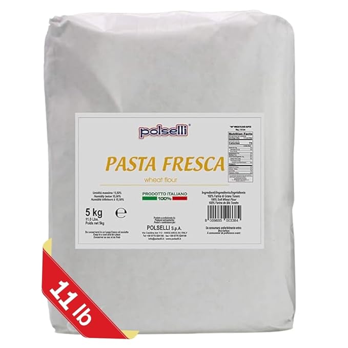 POLSELLI Fresh Pasta Flour 100% Soft Wheat 5 kg (11 lbs) Tipo 00 Bread Machine or Handmade Pasta for Bread Gnocchi Product of Italy