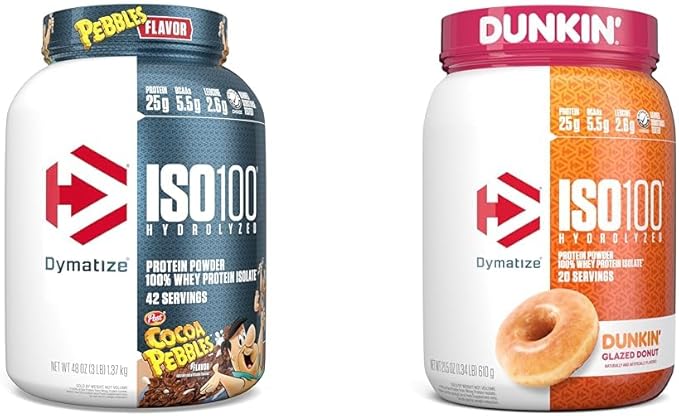Dymatize ISO100 Hydrolyzed Protein Powder 100% Whey Isolate 25g of Protein 5.5g BCAAs &amp ISO100 Hydrolyzed Protein Powder 100% Whey Isolate Dunkin' Glazed Donut Flavor