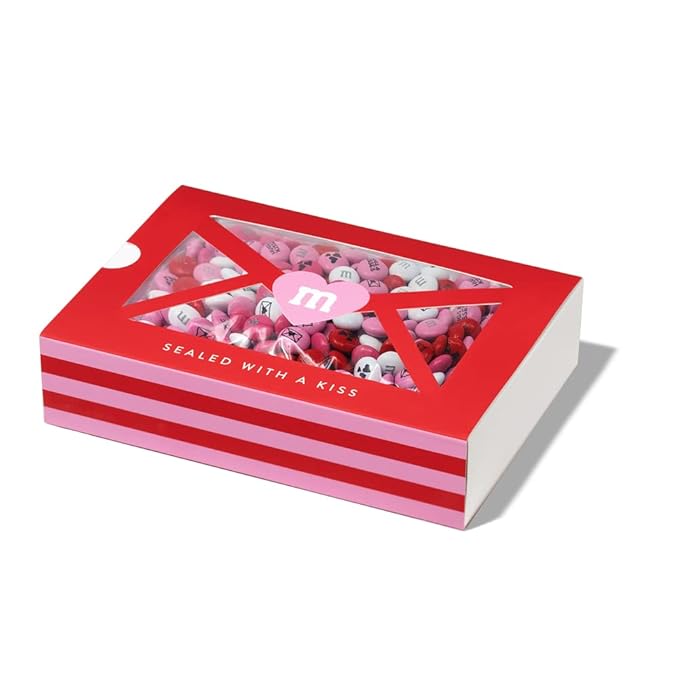 M&ampM’S WORLD Valentines Day Chocolate Candy Box Sealed With A Kiss Gift 1lb Box with Kisses and Heart Icons