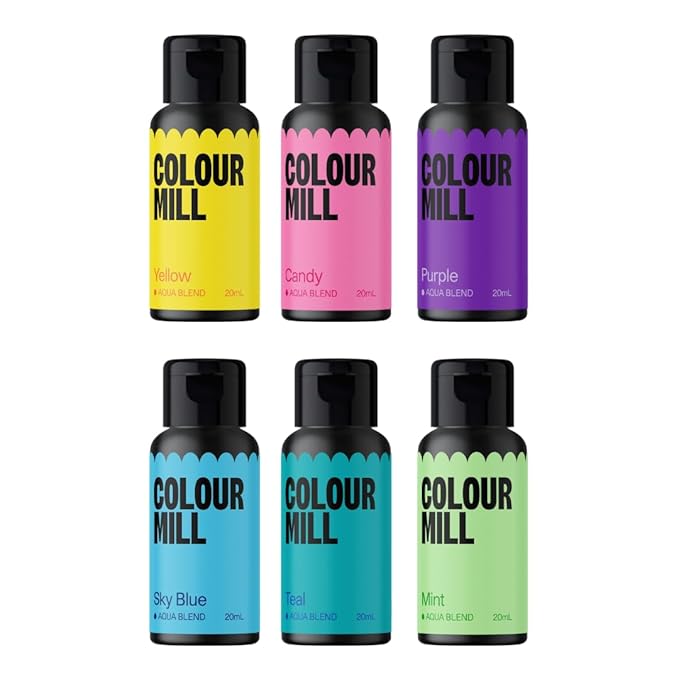 Colour Mill Pool Party Pack Aqua Blend Water-Based Food Coloring 20 Milliliters Each of 6 Colors: Candy Mint Purple Sky Blue Teal and Yellow 120.0 milliliters 4.08 Fl Oz