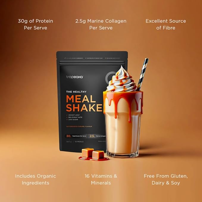 Tropeaka The Healthy Meal Shake - Butterscotch Caramel - Clean Meal Replacement Powder with 30g Protein Fiber Collagen Vitamins &amp Minerals - Gluten Free Dairy Free - 19.7oz (10 Servings)