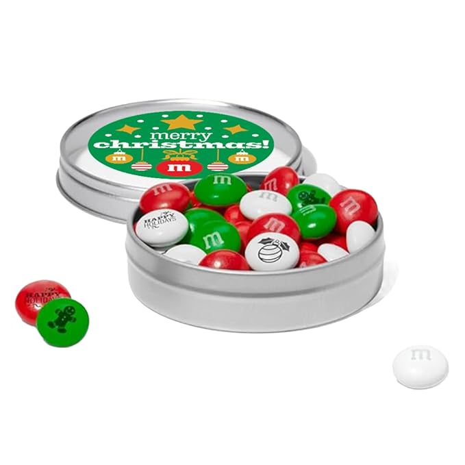 M&ampM’S Holiday Favor Tins Set of 24 Unique Holiday Favors filled with Pre-Designed M&ampM’S Holiday Candies for Holiday Parties and Stocking Stuffers