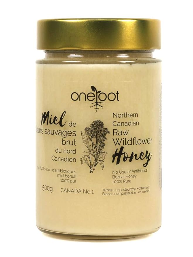 Oneroot 100% Canadian Wildflower Honey - 1.1 lbs Unheated &amp Creamed - Nutrient-Rich Natural Sweetener with Enzymes - Thick &amp Pure Raw Unfiltered Honey