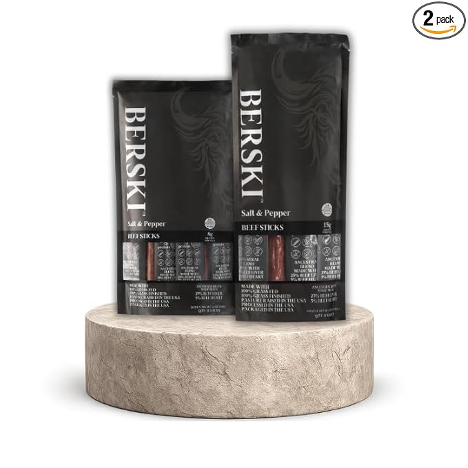 BERSKI – 2 Pack Bundle Salt &amp Pepper Beef Sticks – 100% Grass-Fed Grass-Finished – Ancestral Blend with Liver &amp Heart – Keto Paleo – Regeneratively Raised USA Beef (1oz + 1.9oz Sticks)