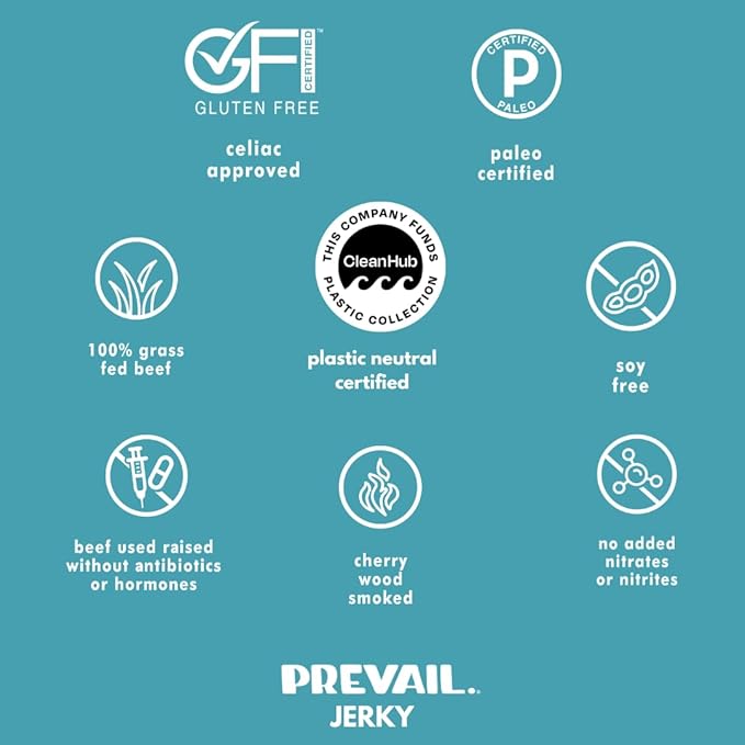 PREVAIL Spicy Grass-Fed Beef Jerky | SOY FREE | 100% Grass-Fed | Gluten Free Snacks | High Protein Snacks | Free of Preservatives | No GMO's | Pack of (3) Bags | 2.25oz