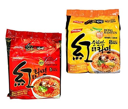 Hong Ramyun Spicy Flavor 4.2oz (120g) 5 Packs + Hong Ramyun Mild Flavor 4.2oz (120g) 5 Packs