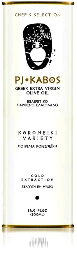 PJ KABOS Chef's Selection Classic Greek Extra Virgin Olive Oil Certified First-Cold Pressed Pure From Koroneiki Olives Greece Everyday Groceries All-Purpose (16.9 Fl Oz)