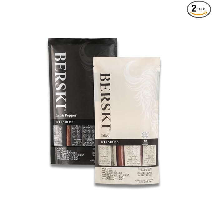 BERSKI Bundle Salted + Salt &amp Pepper Beef Sticks – 100% Grass-Fed Grass-Finished – Ancestral Blend with Liver &amp Heart – Keto Paleo – Regeneratively Raised USA Beef – 2 Pack (1oz Sticks)