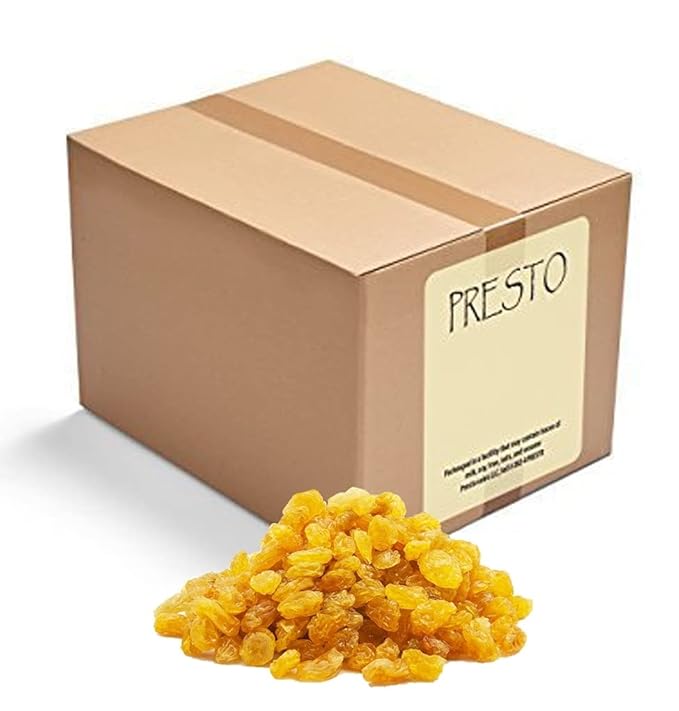 Raisins Crop year 2024 Fresh Bright Yellow Golden seedless Sun-Dried Naturally Sweet Nutritious Packed in a 10 lbs. (160 oz.) Packed in a box by Presto Sales LLC